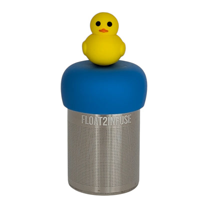 yellow rubber duck tea infuser  for loose leaf tea with fine mesh stainless steel tea strainer that reads FLOAT2INFUSE on a blue base with white background