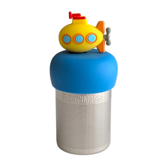 Cute yellow submarine tea infuser for loose leaf tea with a fine mesh stainless steel tea strainer 
that reads FLOAT2INFUSE on a blue base with a white background
