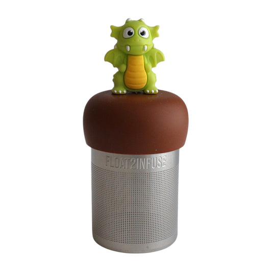 bright green dragon tea infuser for loose leaf tea  with a fine mesh stainless steel tea strainer that reads FLOAT2INFUSE on a brown base with a white background