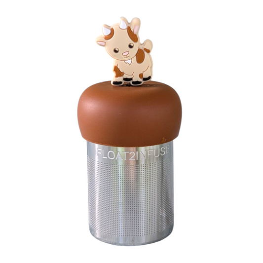Brown and beige goat tea infuser for loose leaf tea with a fine mesh stainless steel tea strainer that reads FLOAT2INFUSE on a brown base  with a white background