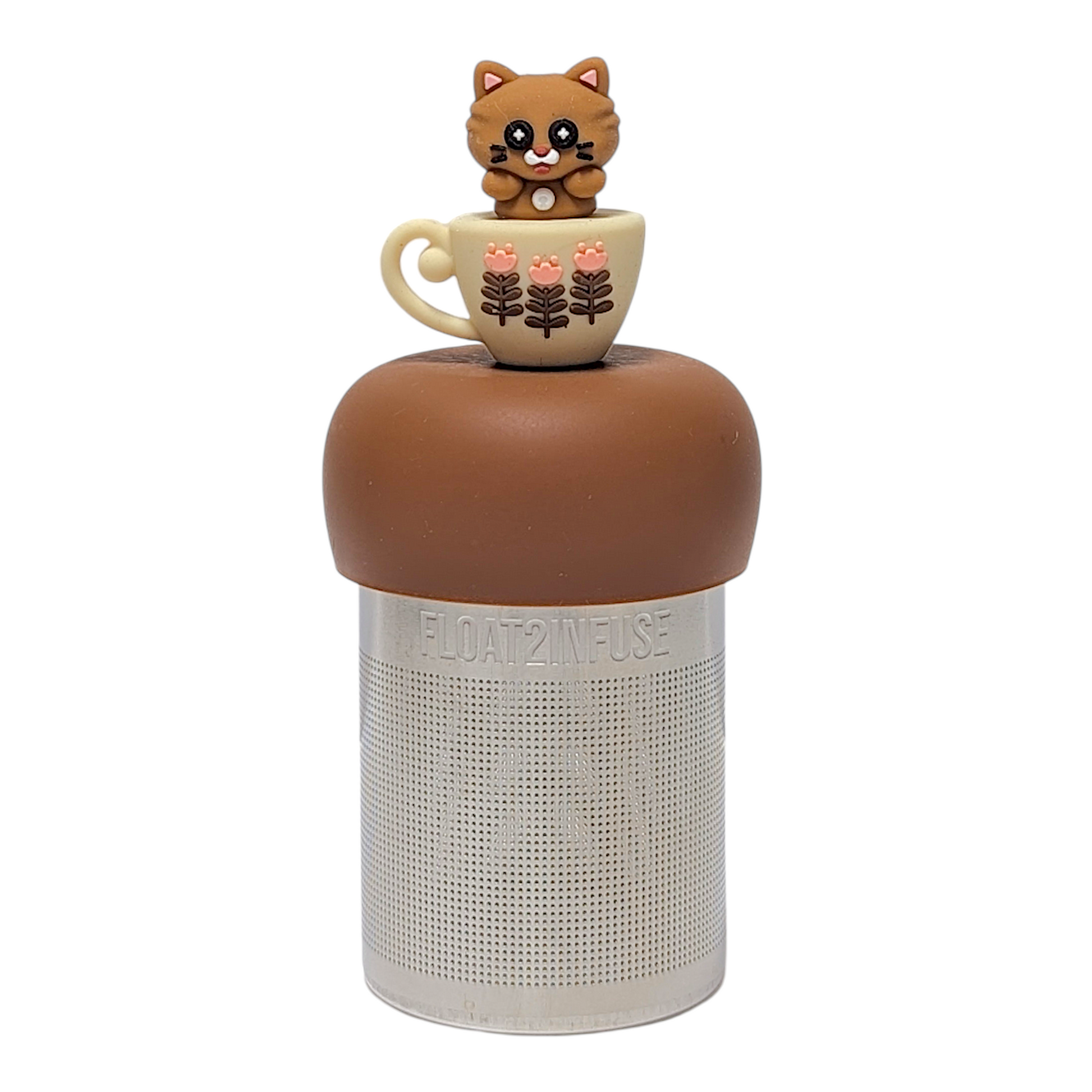 Brown cat in pink floral mug tea infuser  for loose leaf tea with a fine mesh stainless steel tea strainer that reads FLOAT2INFUSE on a brown base with a white background
