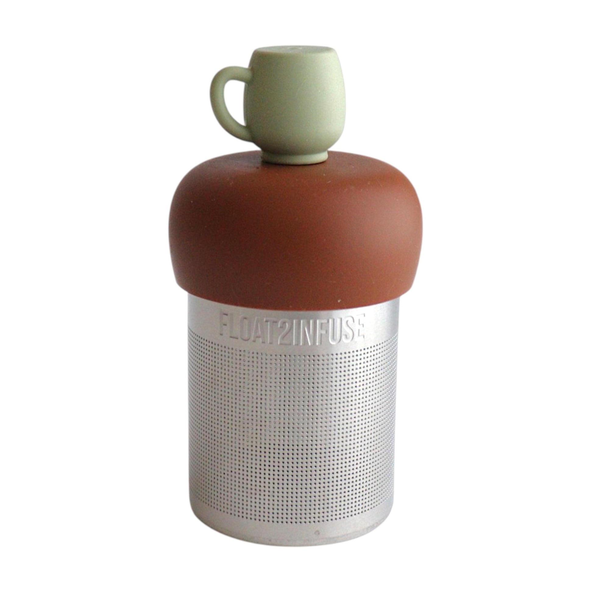 Green tea cup tea infuser for loose leaf tea with a fine mesh stainless steel tea strainer that reads FLOAT2INFUSE on a brown base with a white background
