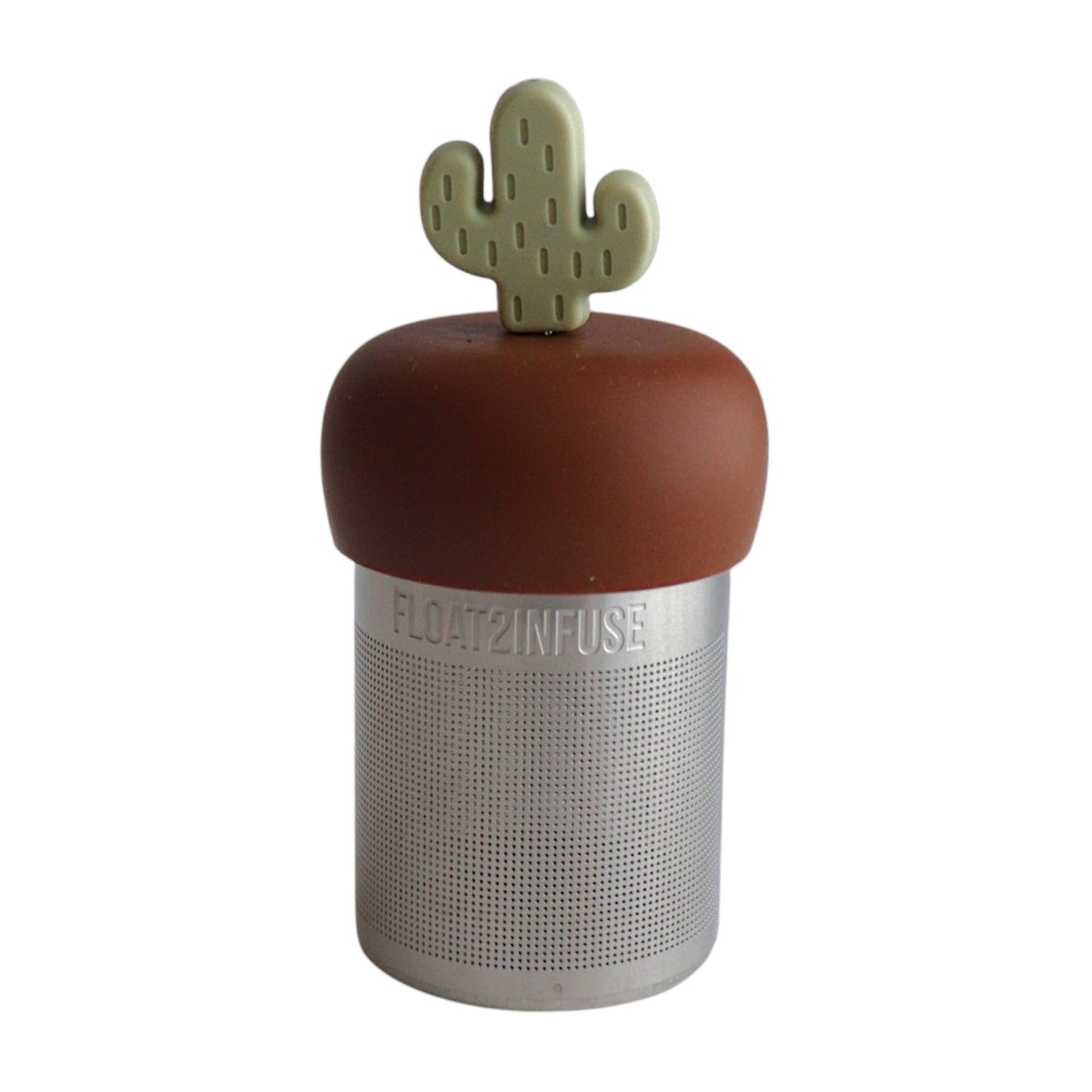 Light green cactus tea infuser for loose leaf tea with a fine mesh stainless steel tea strainer that reads FLOAT2INFUSE on a brown base with a white background

