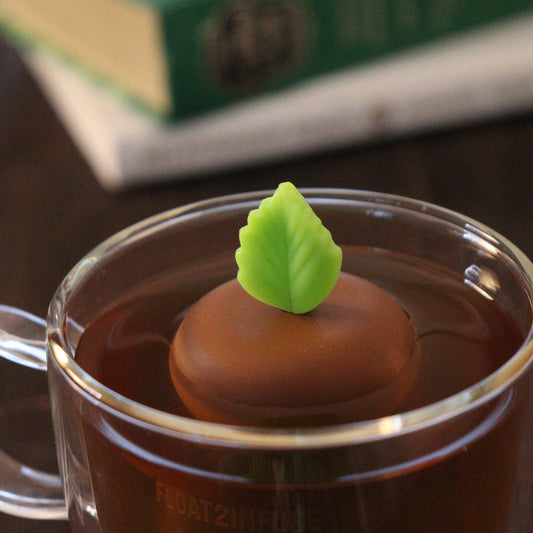 green herb leaf tea infuser for loose leaf tea  with a fine mesh stainless steel tea steeper that reads FLOAT2INFUSE on a brown base floating in a glass tea mug with books in the background