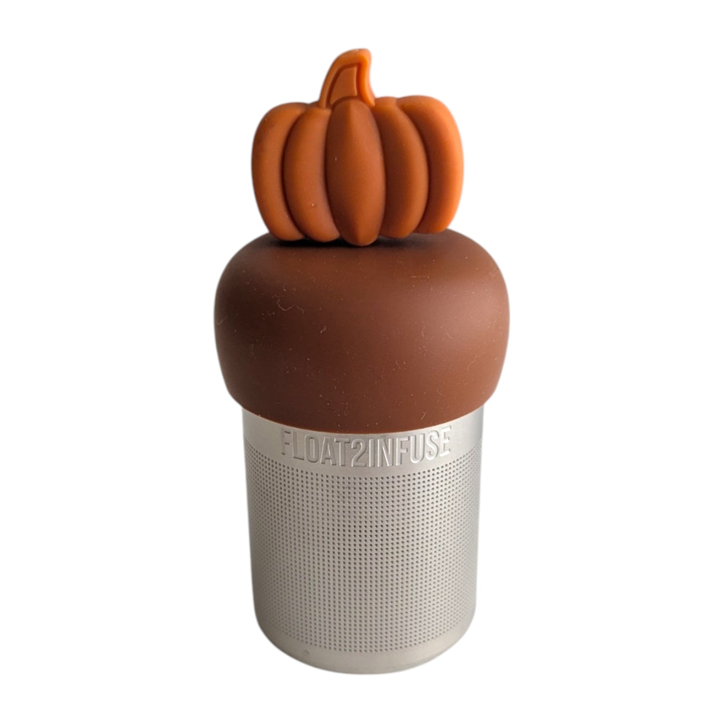orange pumpkin tea infuser for loose leaf tea with a fine mesh stainless steel tea strainer that reads FLOAT2INFUSE on a brown base with a white background