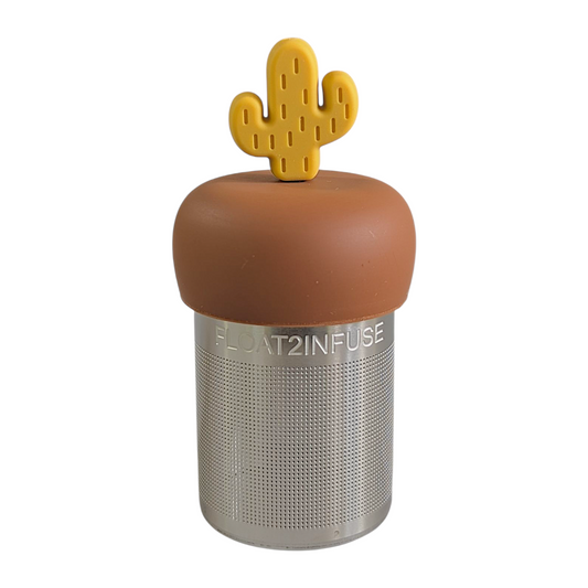yellow cactus tea infuser for loose leaf tea with fine mesh stainless steel tea strainer that reads FLOAT2INFUSE on a brown base with a white background