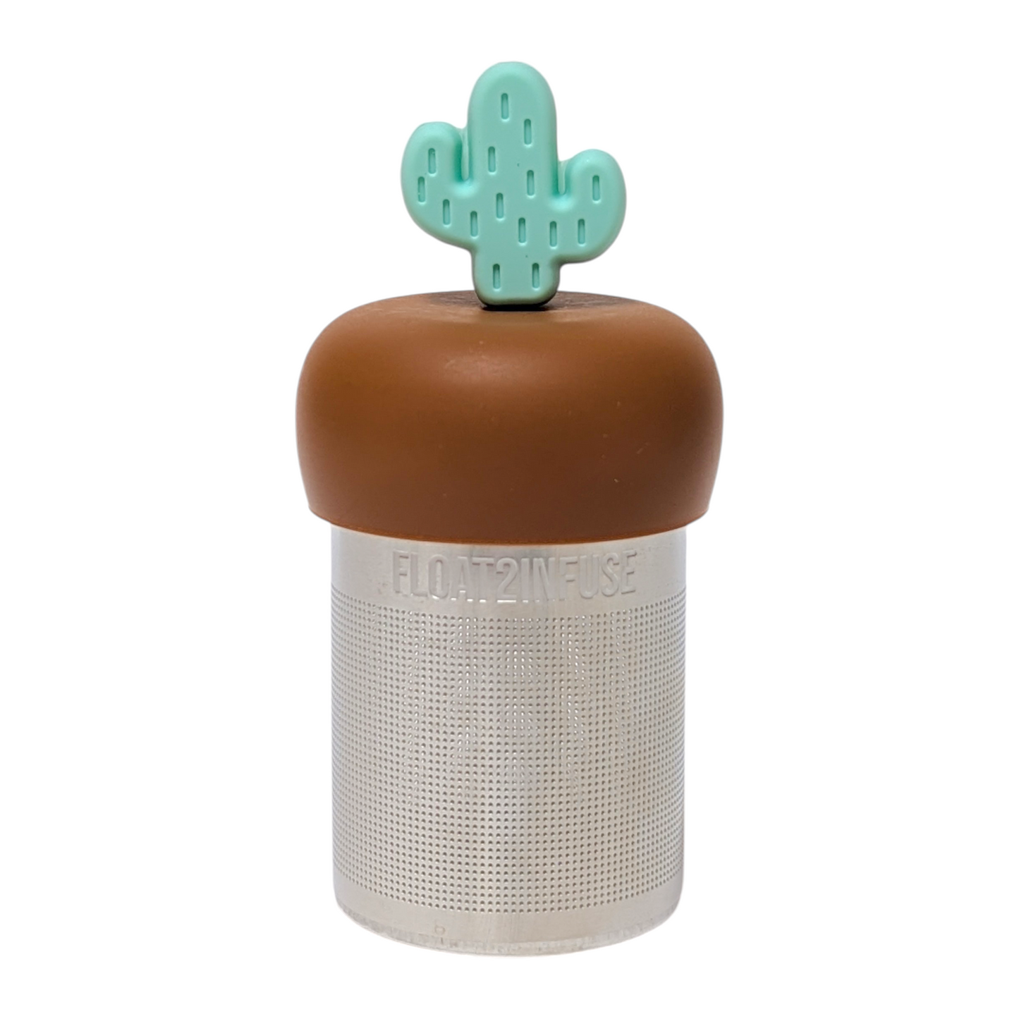 Teal cactus tea infuser  for loose leaf tea with a fine mesh stainless steel tea strainer that reads FLOAT2INFUSE on a brown base with a white background