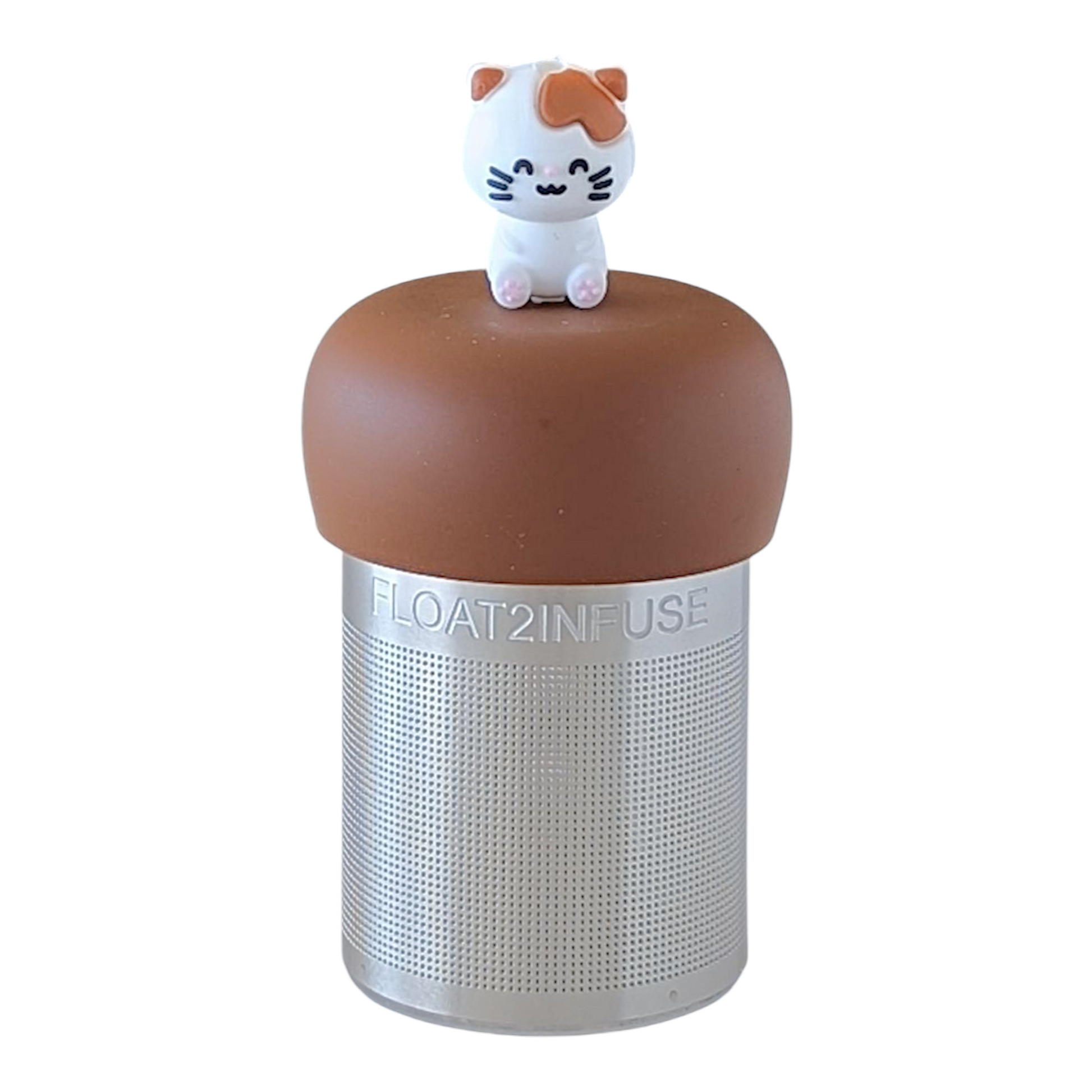  White cat with brown spots tea infuser with a brown base for loose leaf tea with a fine mesh stainless steel tea strainer that reads FLOAT2INFUSE with a white background