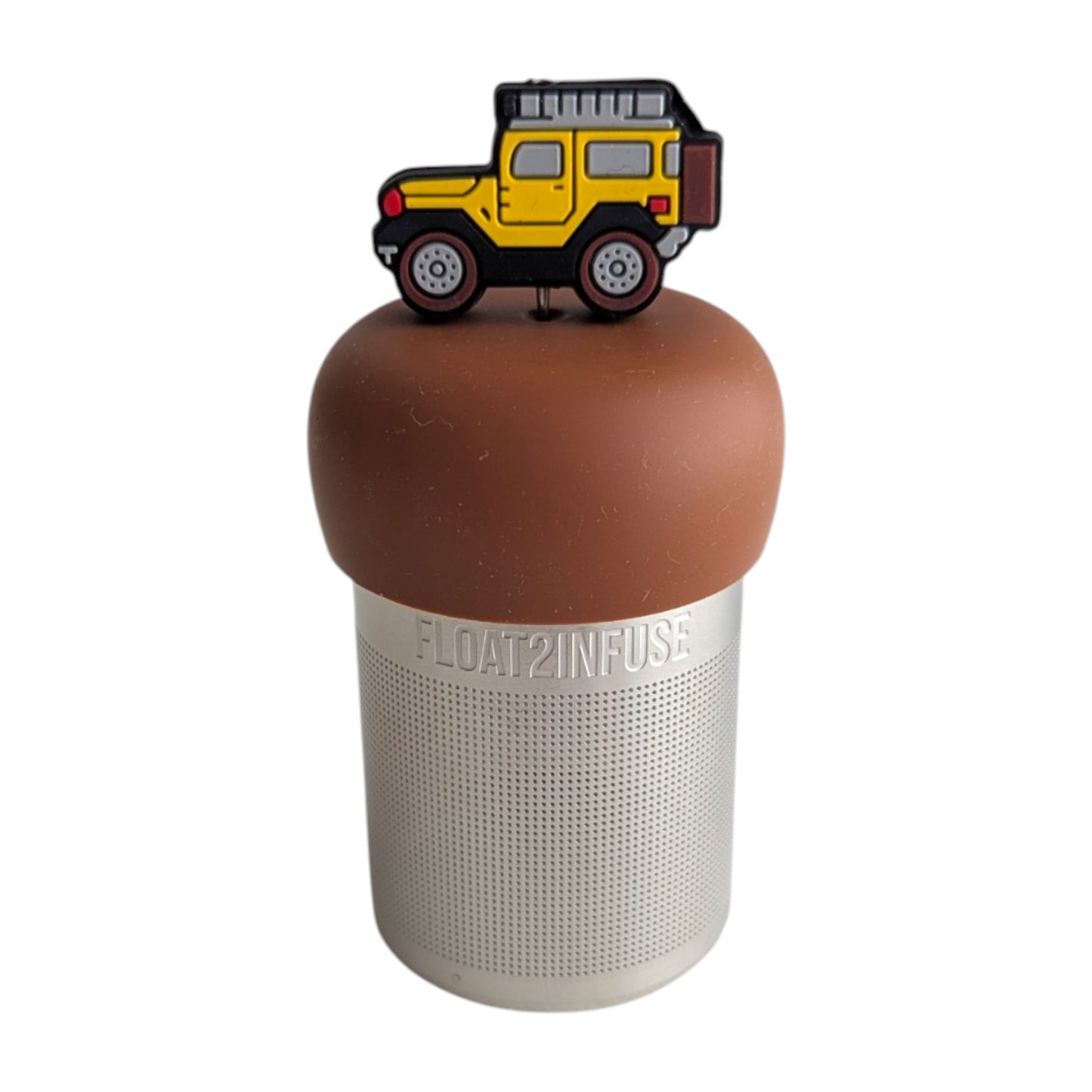 yellow jeep tea infuser for loose leaf tea  with a fine mesh stainless steel tea infuser that reads FLOAT2INFUSE on a green base with a white background
