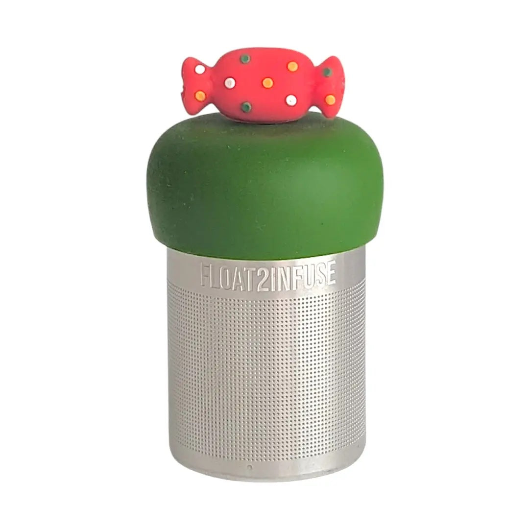  Red holiday candy with green, yellow, and white polka dots for loose leaf tea with a fine mesh stainless steel tea strainer that reads FLOAT2INFUSE on a dark green base with a white background