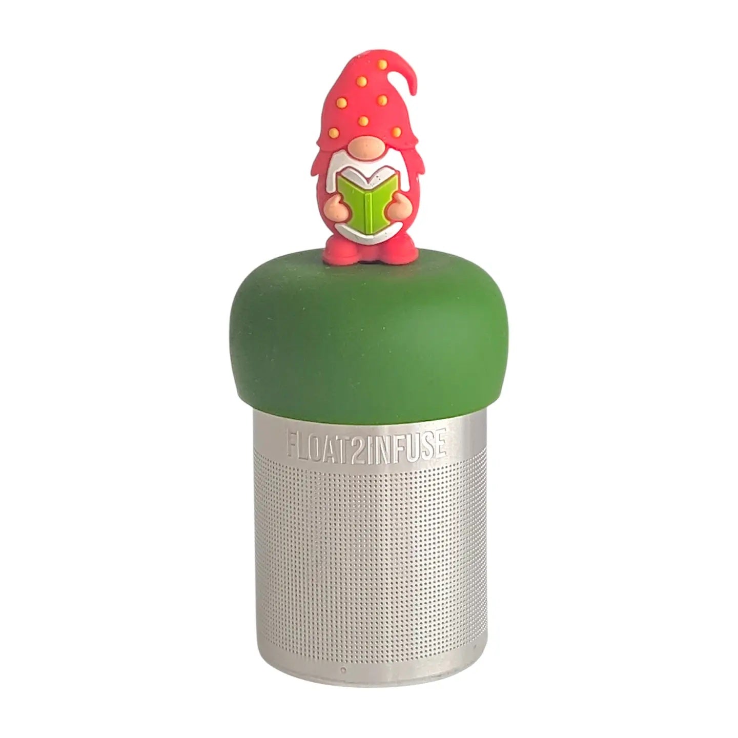 gnome with a long white beard wearing red with yellow polka dots on the hat singing Christmas carols from a green songbook tea infuser for loose leaf tea with a fine mesh stainless steel tea strainer that reads FLOAT2INFUSE on a dark green base with a white background