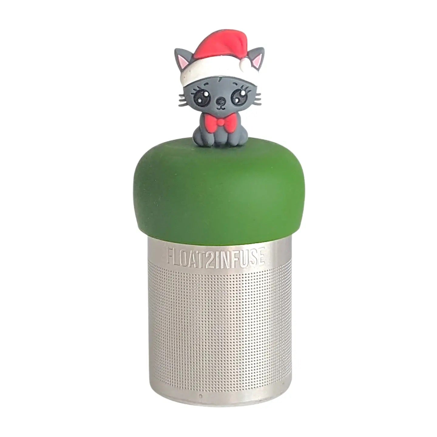 happy grey cat wearing a santa hat and red bowtie tea infuser  for loose leaf tea with fine mesh stainless steel tea strainer that reads FLOAT2INFUSE on a dark green base with white background