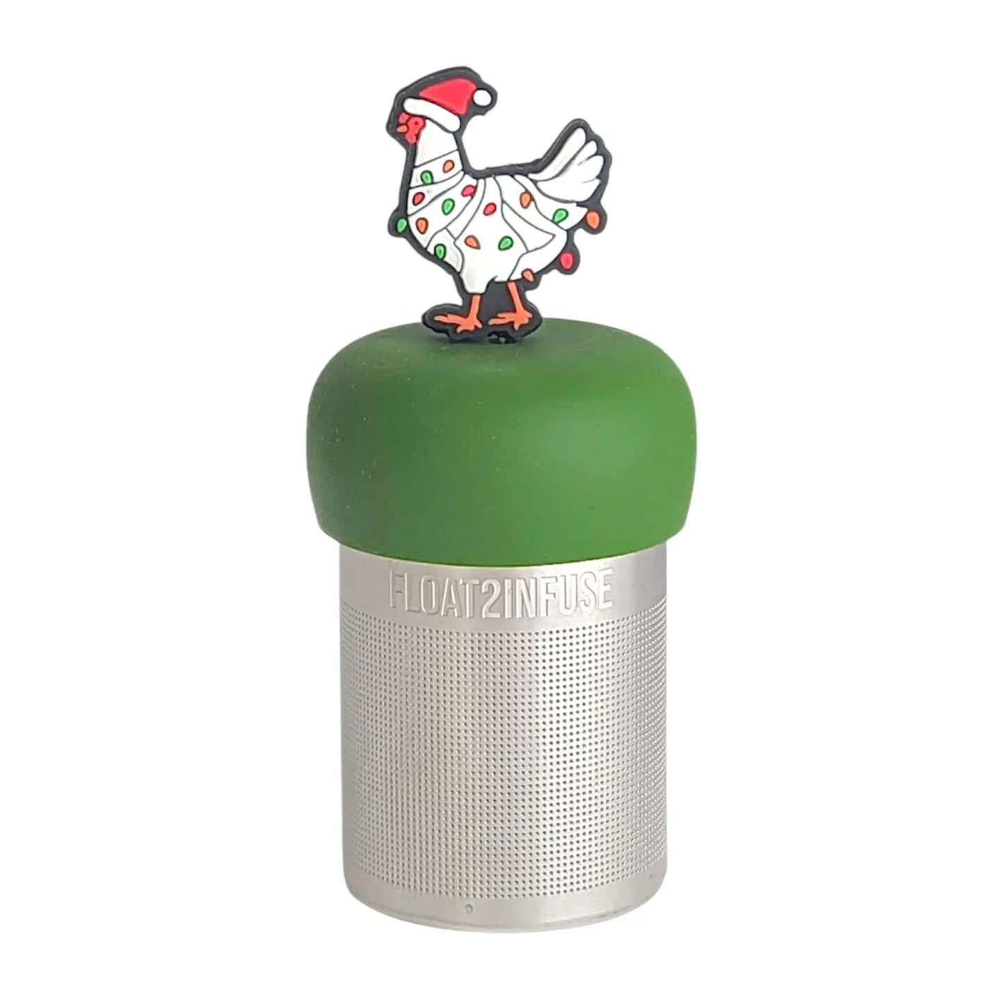 White chicken wearing a santa hat and wrapped in red and green christmas lights  tea infuser for loose leaf tea with a fine mesh stainless steel tea strainer  that reads FLOAT2INFUSE on a dark green base with a white background