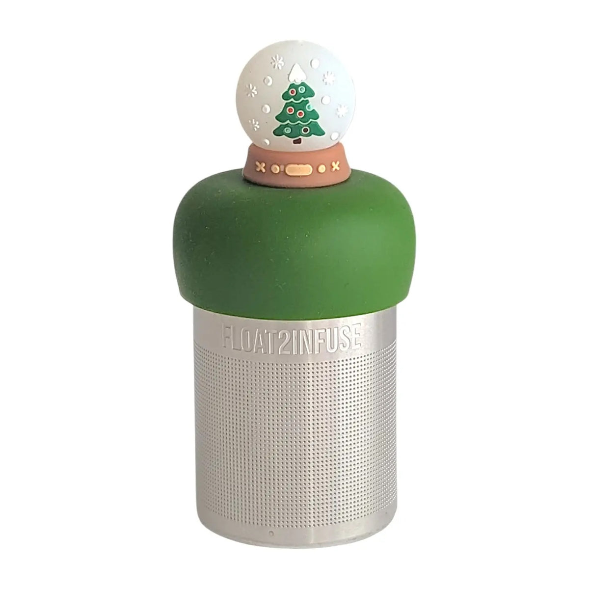 front view of a snowglobe with a christmas tree inside for loose leaf tea with fine mesh stainless steel tea strainer that reads FLOAT2INFUSE on a dark green base with a white background