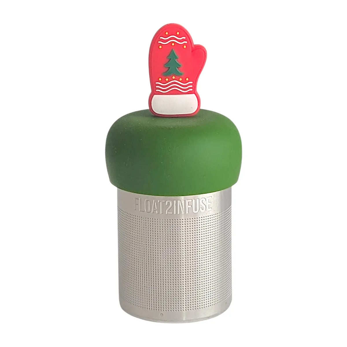 red mitten with green christmas tree and white accents tea infuser for loose leaf tea with a fine mesh stainless steel tea strainer that reads FLOAT2INFUSE on a dark green base with a white background