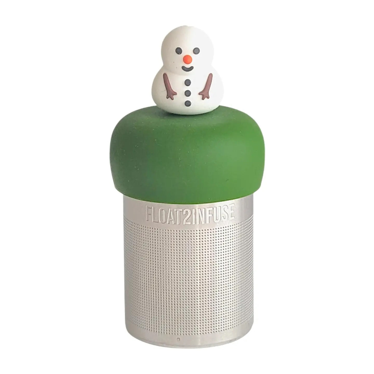 smiling fat snowman for loose leaf tea with fine mesh stainless steel tea strainer that reads FLOAT2INFUSE on a dark green base with a white background