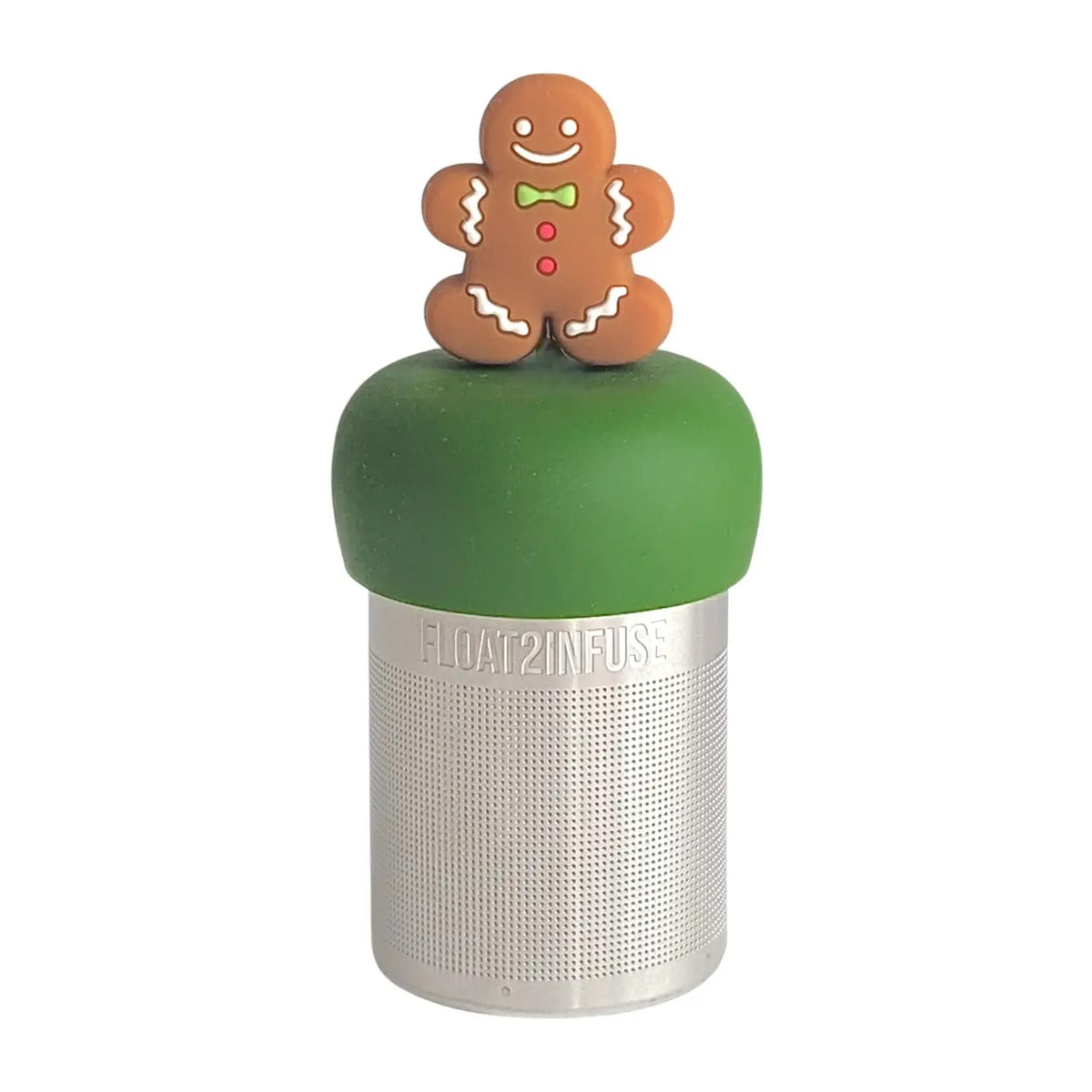 happy brown gingerbread man with green bowtie and red buttons tea infuser for loose leaf tea with a fine mesh stainless steel tea strainer that reads FLOAT2INFUSE on a dark green base with a white background