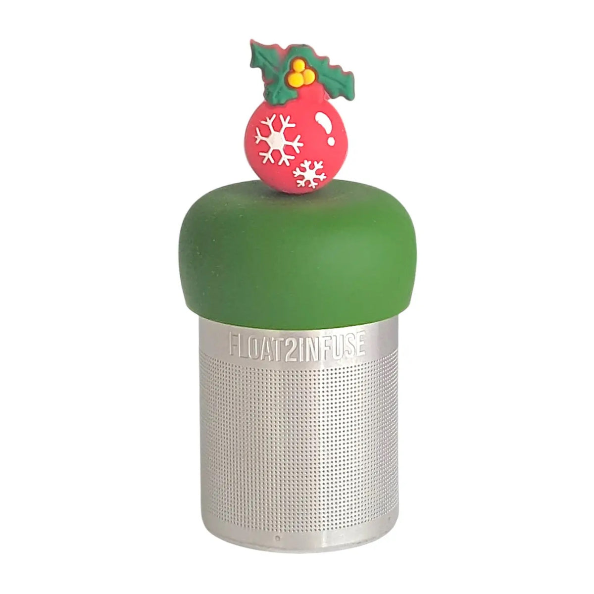red christmas ornament with white snowflakes and green holly tea infuser for loose leaf tea with a fine mesh stainless steel tea strainer that reads FLOAT2INFUSE on a dark green base with a white background