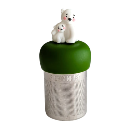 cute mom and baby polar bear tea infuser for loose leaf tea with a fine mesh stainless steel tea strainer 
that reads FLOAT2INFUSE on a dark green base with a white background
