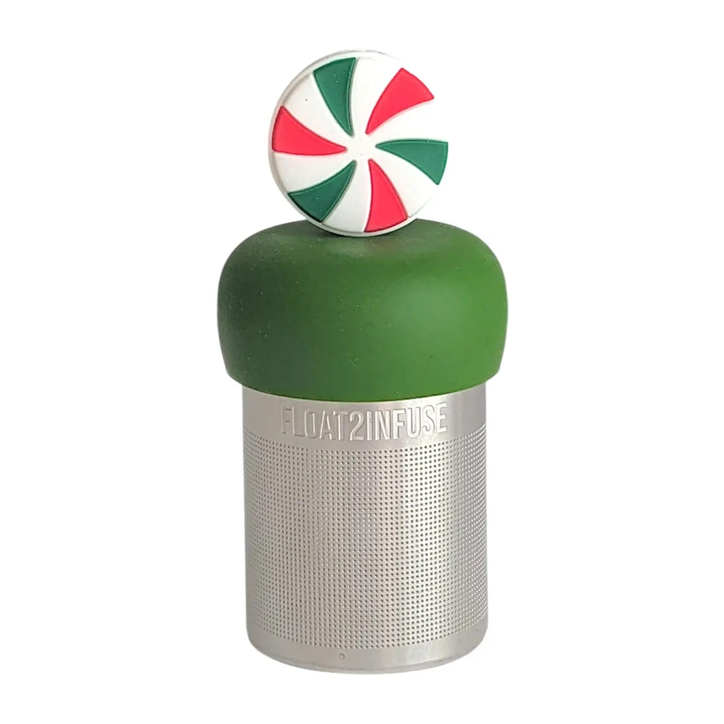 red, white, and green striped peppermint candy tea infuser for loose leaf tea with a fine mesh stainless steel tea strainer 
that reads FLOAT2INFUSE on a dark green base with a white background