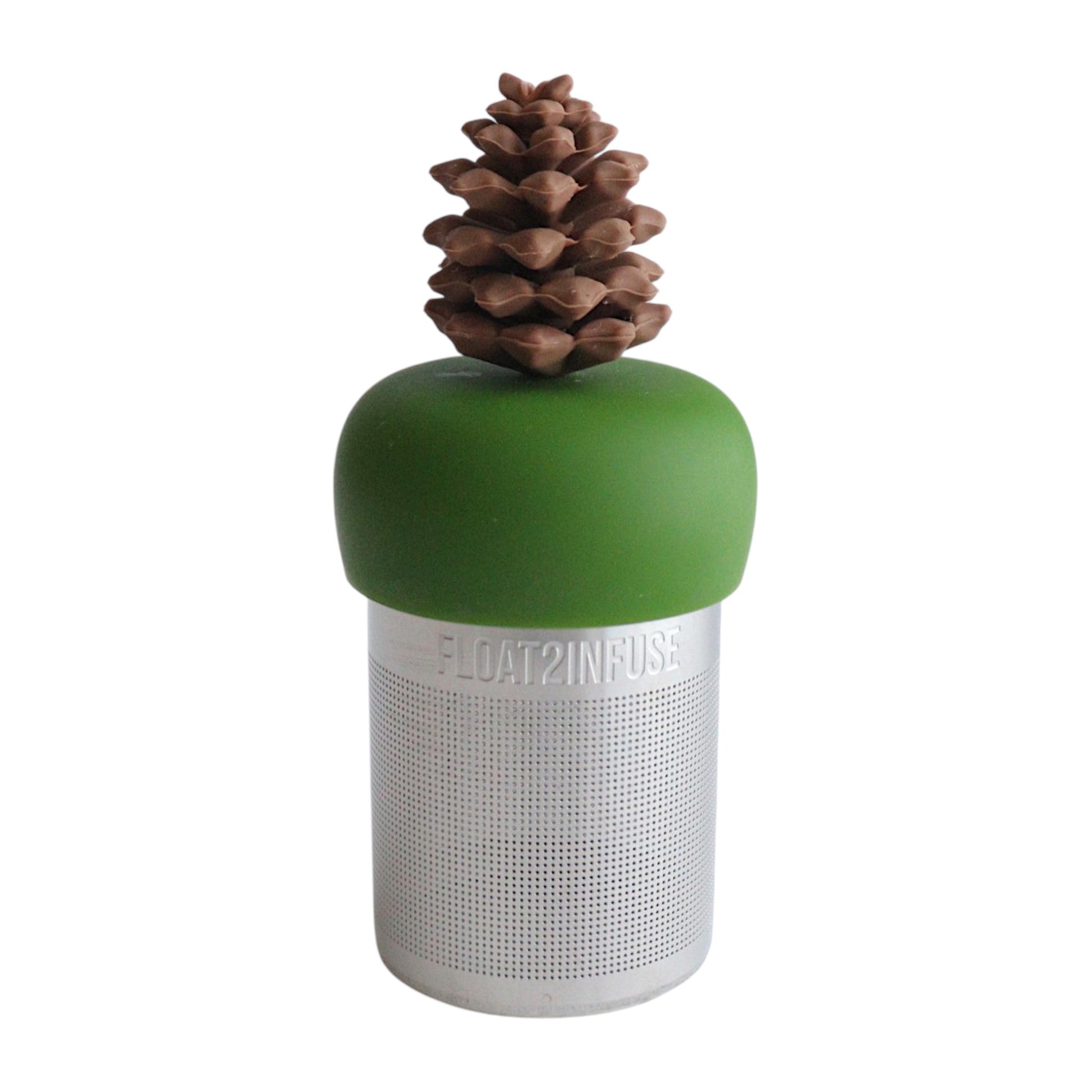 Brown pinecone tea infuser for loose leaf tea with a fine mesh stainless steel tea strainer that reads FLOAT2INFUSE on a dark green base with a white background
