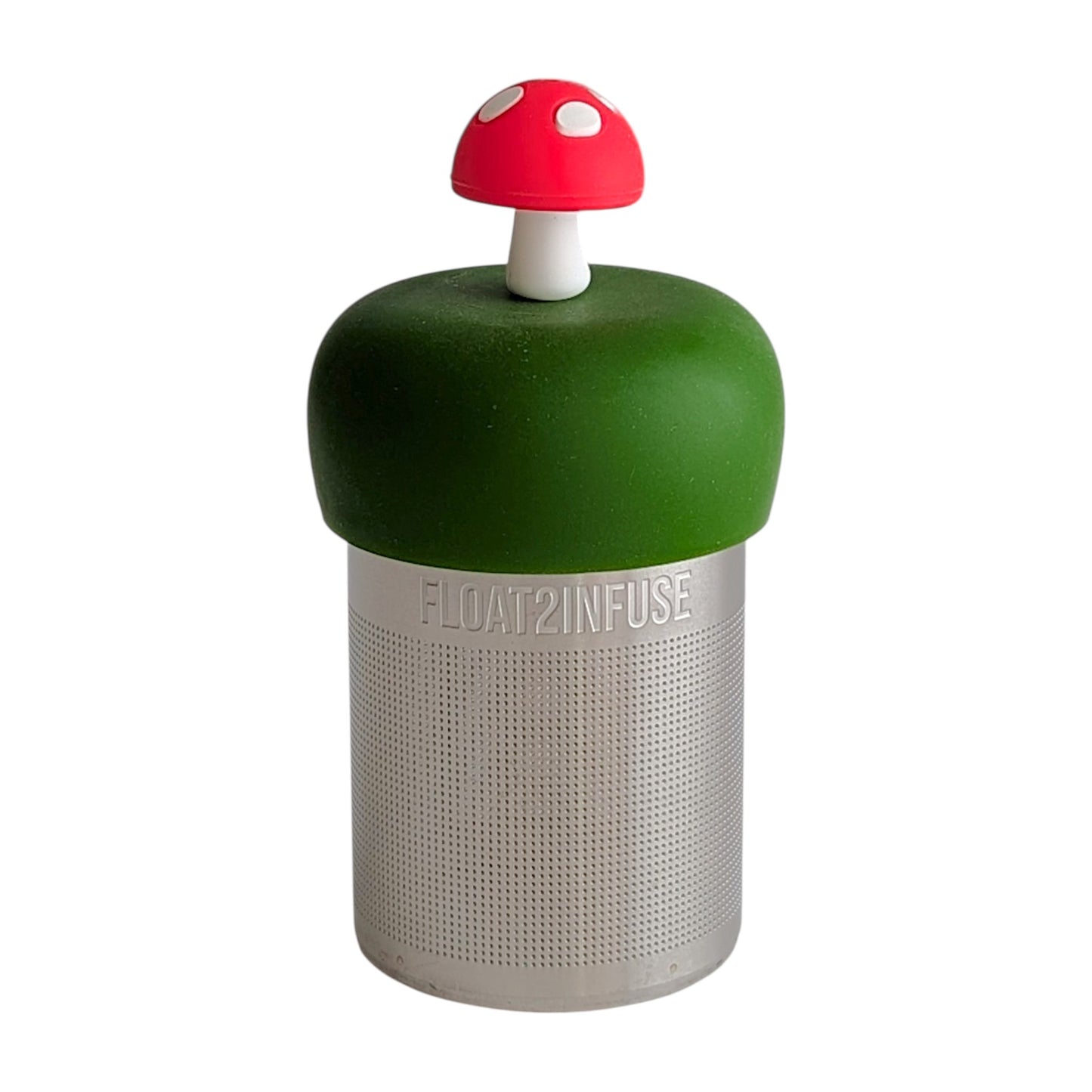 Red mushroom tea infuser for loose leaf tea with a fine mesh stainless steel tea strainer 
that reads FLOAT2INFUSE on a dark green base with a white background

