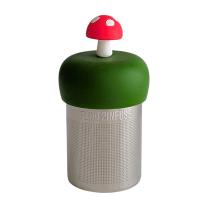 Red mushroom tea infuser for loose leaf tea with a fine mesh stainless steel tea strainer 
that reads FLOAT2INFUSE on a dark green base with a white background
