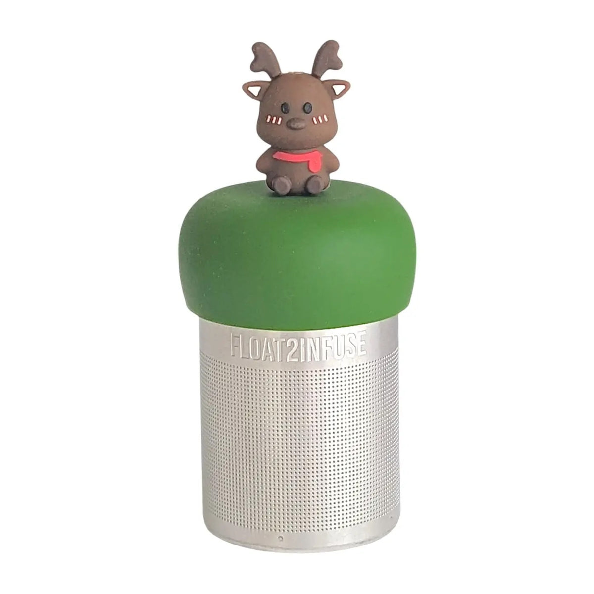 cute brown reindeer with a red scarf tea infuser for loose leaf tea with a fine mesh stainless steel tea strainer that reads FLOAT2INFUSE on a dark green base with a white background