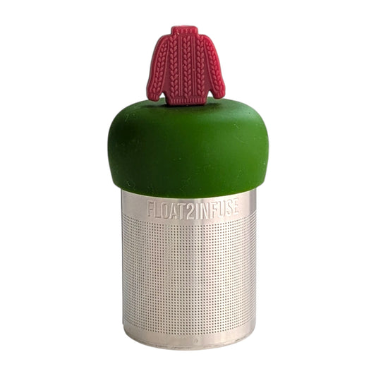 red knit sweater for loose leaf tea with fine mesh stainless steel tea strainer that reads FLOAT2INFUSE on a dark green base with a white background
