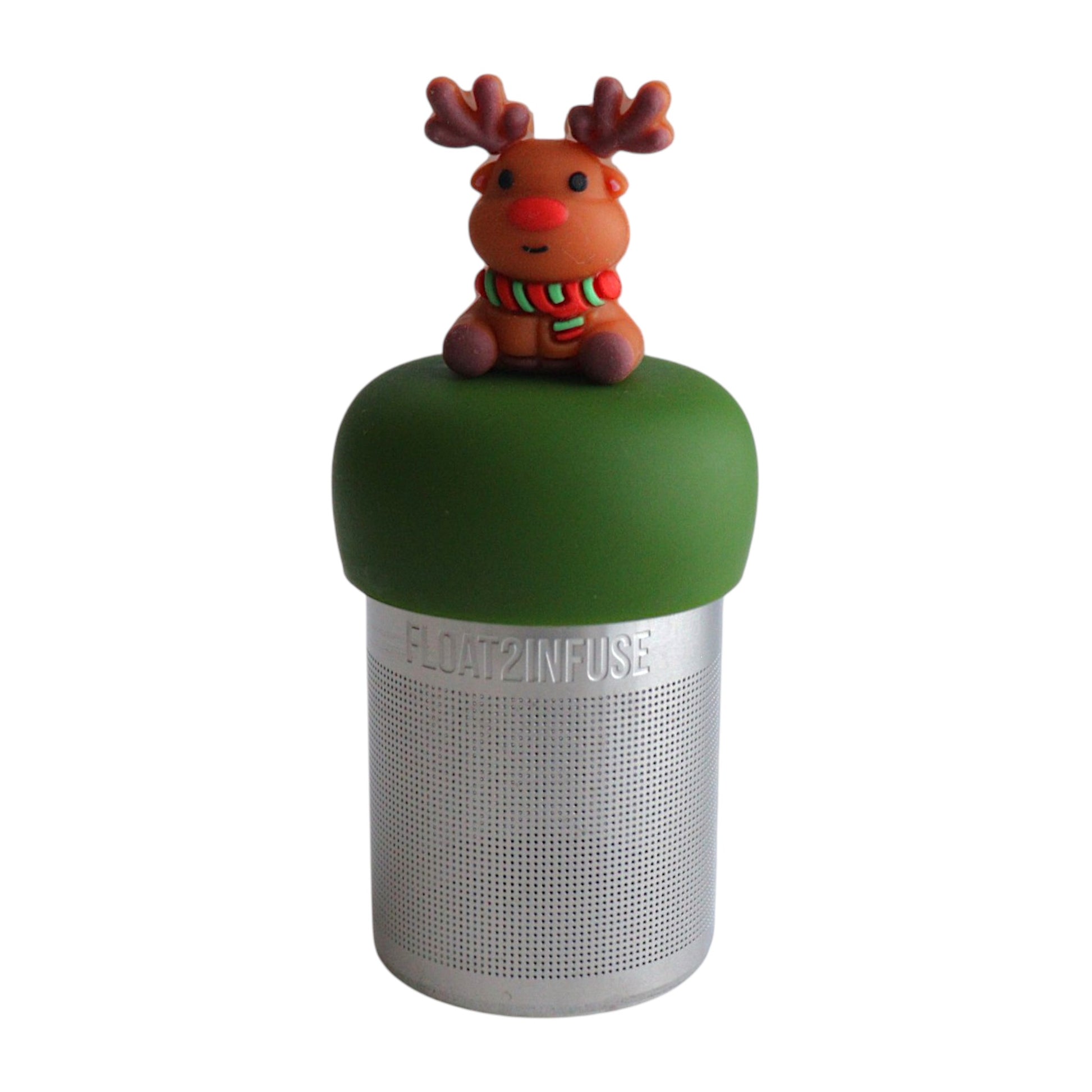 Reindeer with red nose wearing a green and red striped scarf tea infuser for loose leaf tea with a fine mesh stainless steel tea strainer 
that reads FLOAT2INFUSE on a dark green base with a white background