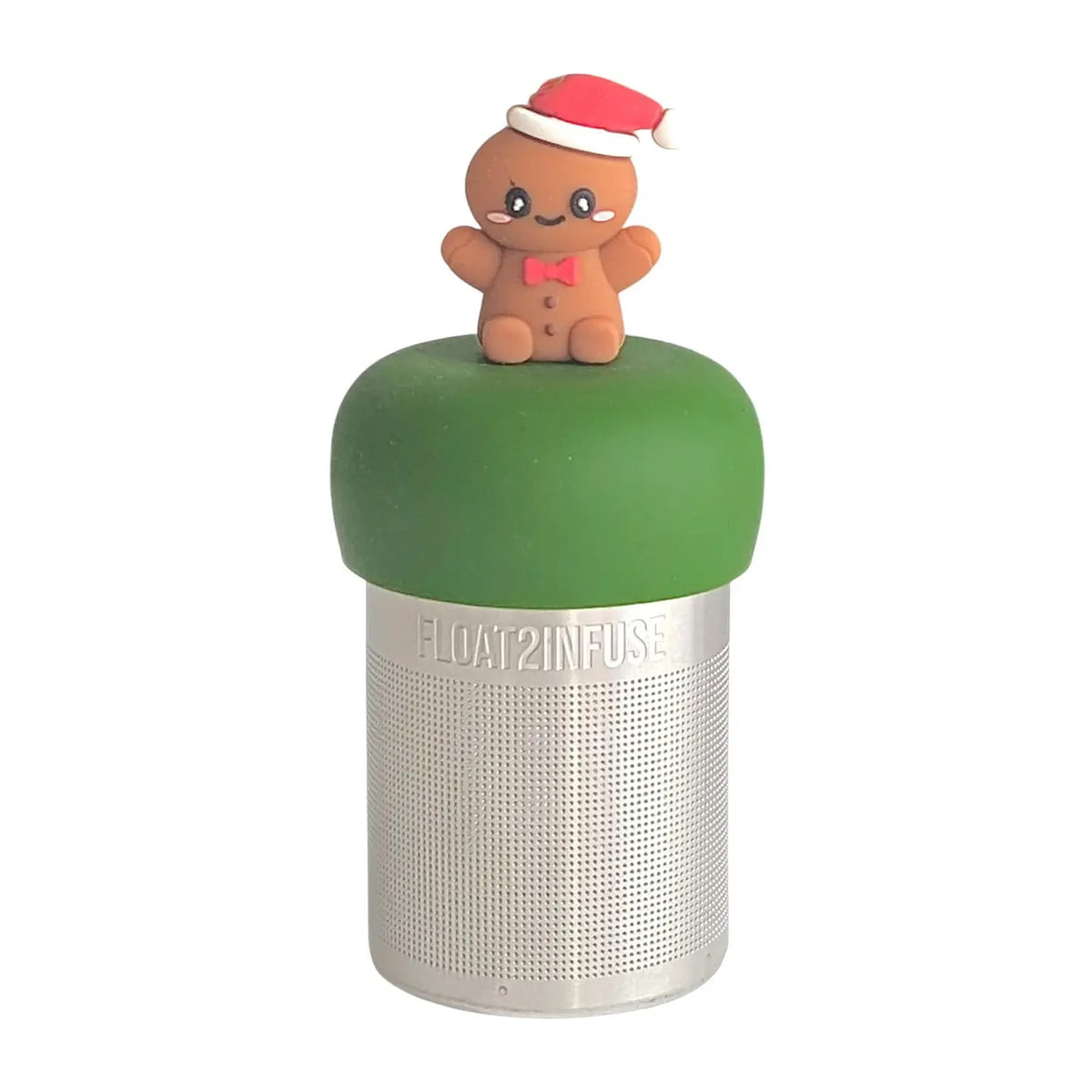 happy gingerbread man with a red bowtie and wearing a red and white santa hat tea infuser for loose leaf tea with a fine mesh stainless steel tea strainer that reads FLOAT2INFUSE on a dark green base with a white background