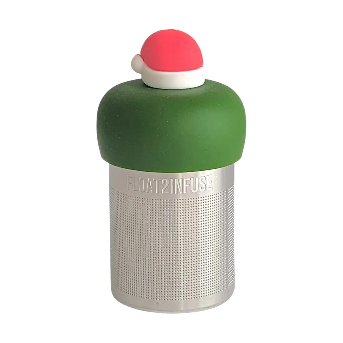 red santa hat with white trim tea infuser for loose leaf tea with a fine mesh stainless steel tea strainer 
that reads FLOAT2INFUSE on a dark green base with a white background