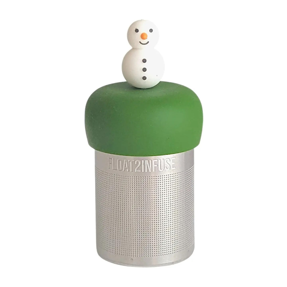 cute smiling snowman tea infuser for loose leaf tea with a fine mesh stainless steel tea strainer that reads FLOAT2INFUSE on a dark green base with a white background