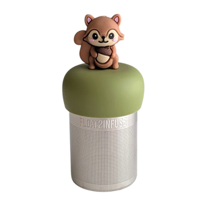 Cute 3D brown squirrel holding an acorn tea infuser for loose leaf tea with a fine mesh stainless steel tea strainer that reads FLOAT2INFUSE on a green base with a white background
