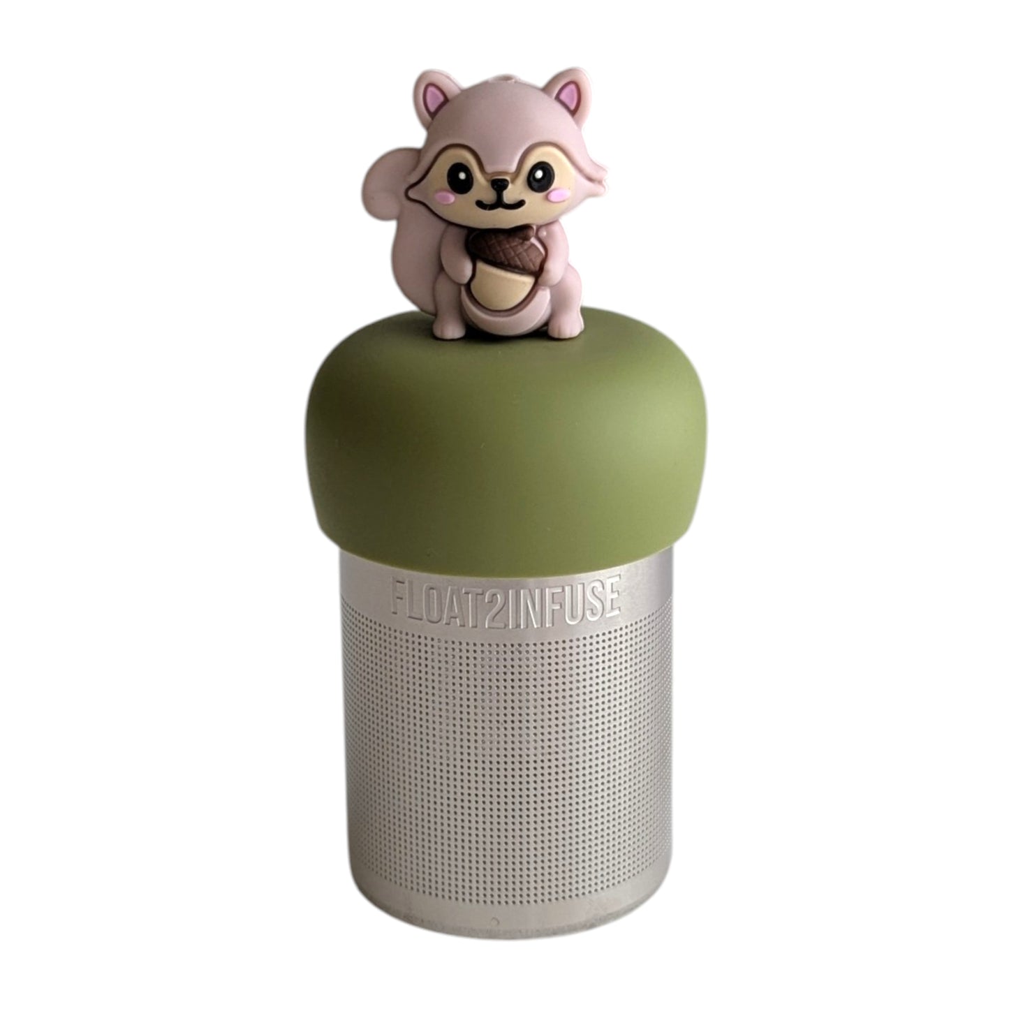 Cute 3D rose gold colored squirrel holding an acorn tea infuser for loose leaf tea with a fine mesh stainless steel tea strainer that reads FLOAT2INFUSE on a green base with a white background
