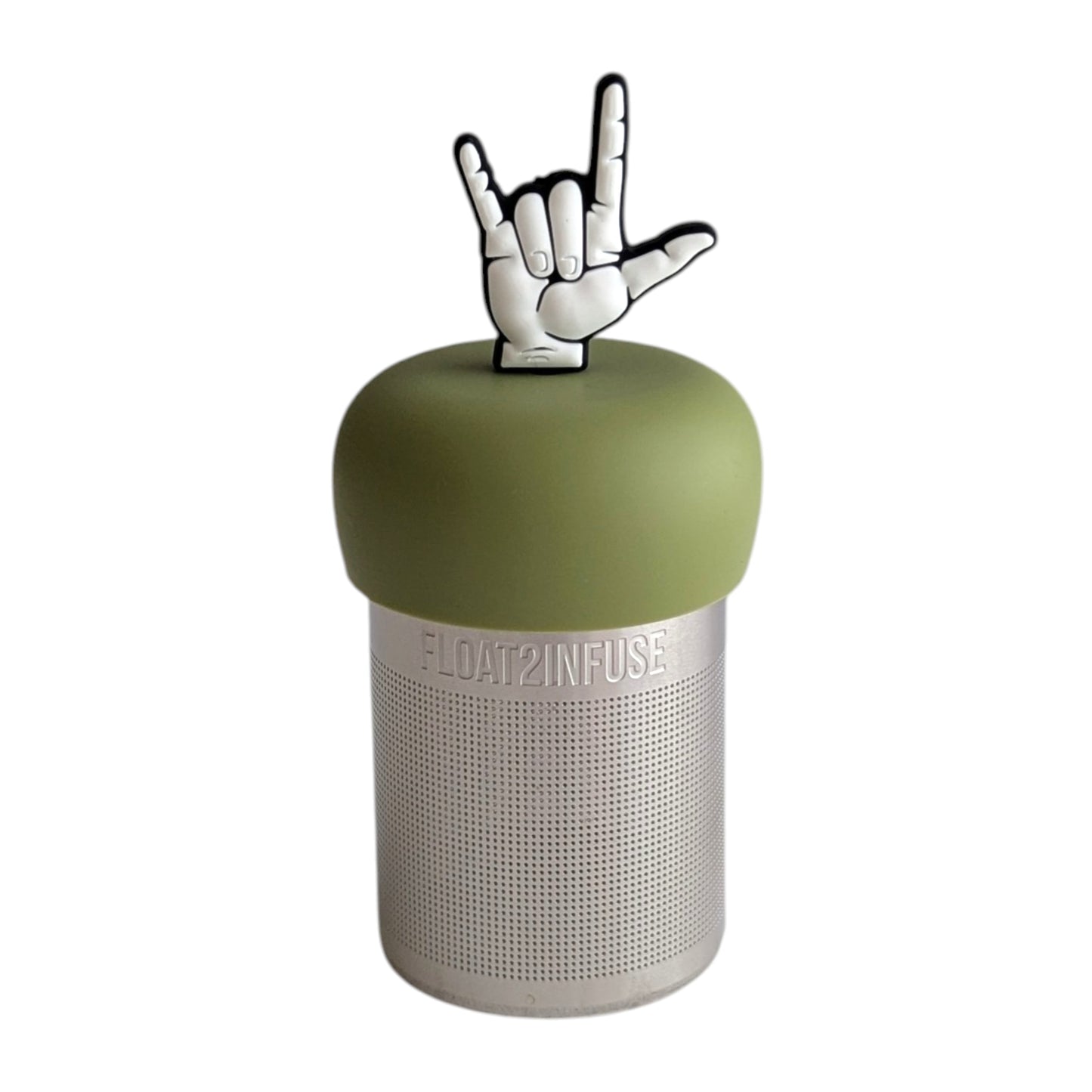 American Sign Language sign for "I Love You" tea infuser for loose leaf tea with a fine mesh stainless steel tea strainer that reads FLOAT2INFUSE on a green base with a white background
