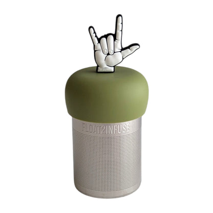 American Sign Language sign for "I Love You" tea infuser for loose leaf tea with a fine mesh stainless steel tea strainer that reads FLOAT2INFUSE on a green base with a white background

