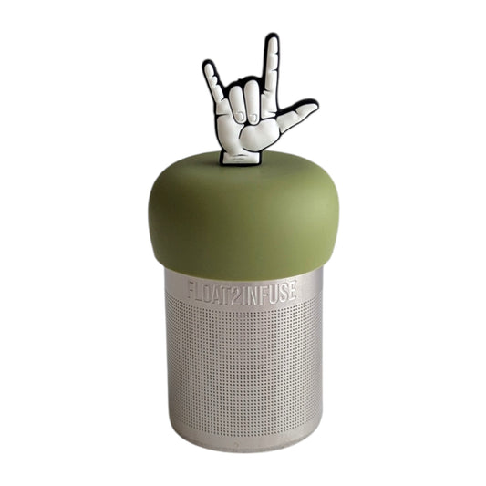 American Sign Language sign for "I Love You" tea infuser for loose leaf tea with a fine mesh stainless steel tea strainer that reads FLOAT2INFUSE on a green base with a white background
