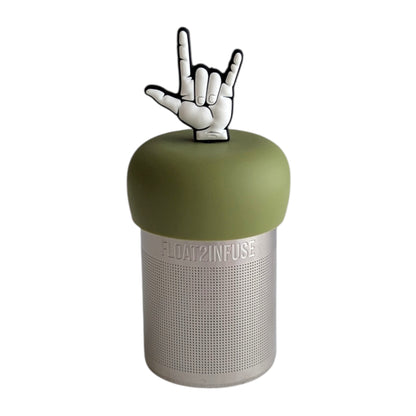 American Sign Language sign for "I Love You" tea infuser for loose leaf tea with a fine mesh stainless steel tea strainer that reads FLOAT2INFUSE on a green base with a white background
