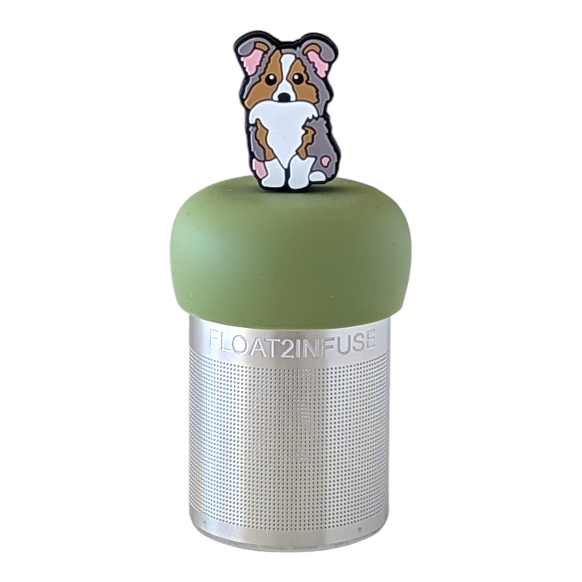 brown and white australian shepherd dog tea infuser for loose leaf tea with a fine mesh stainless steel tea strainer  that reads FLOAT2INFUSE on a green base with a white background