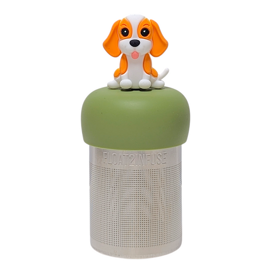 Orange and white beagle dog tea infuser with a green base for loose leaf tea with a fine mesh stainless steel tea strainer that reads FLOAT2INFUSE with a white background