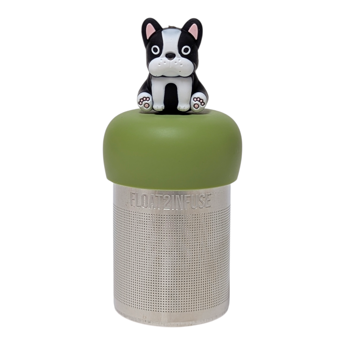Black and white terrier dog tea infuser with a green base for loose leaf tea with a fine mesh stainless steel tea strainer that reads FLOAT2INFUSE with a white background
