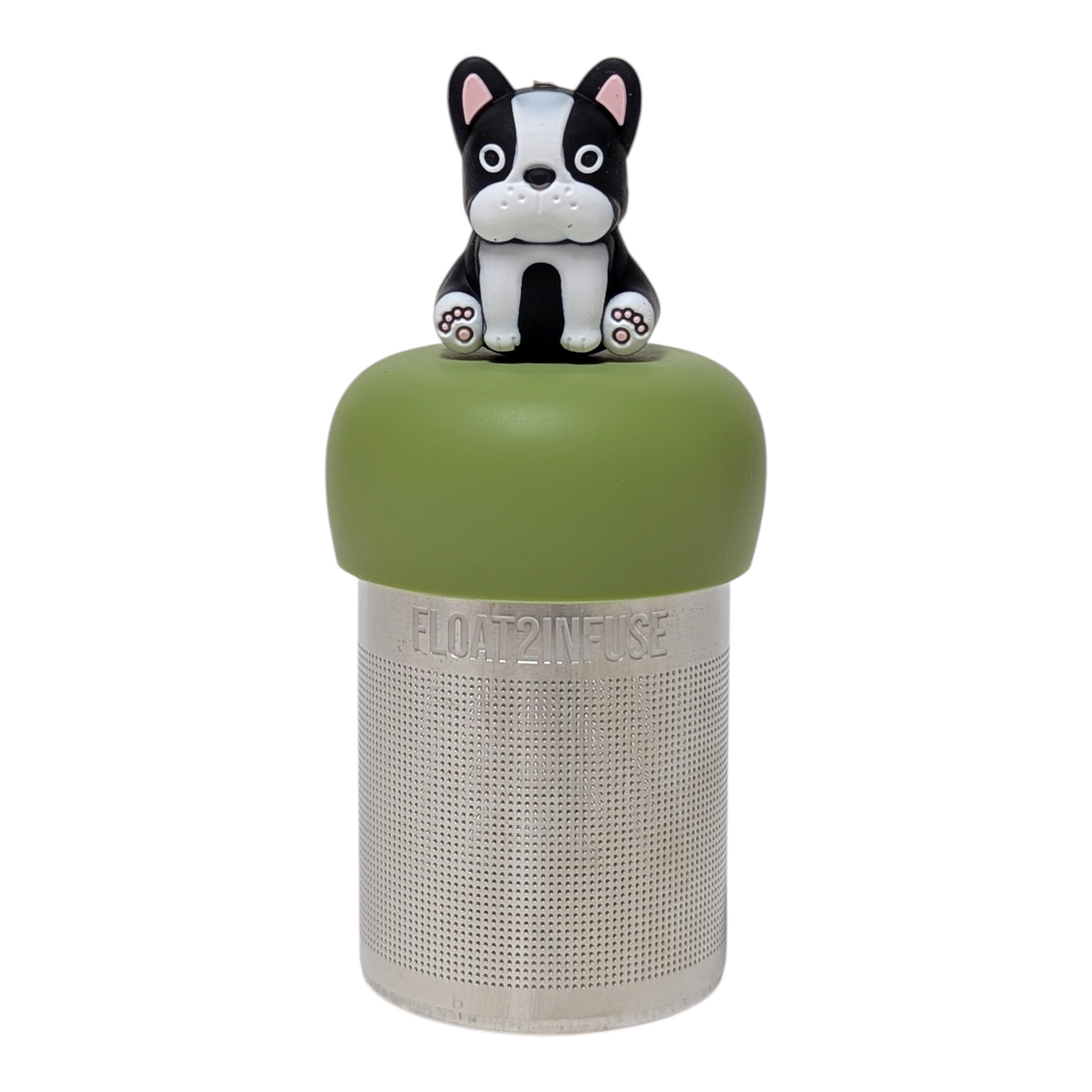 Black and white terrier dog tea infuser with a green base for loose leaf tea with a fine mesh stainless steel tea strainer that reads FLOAT2INFUSE with a white background