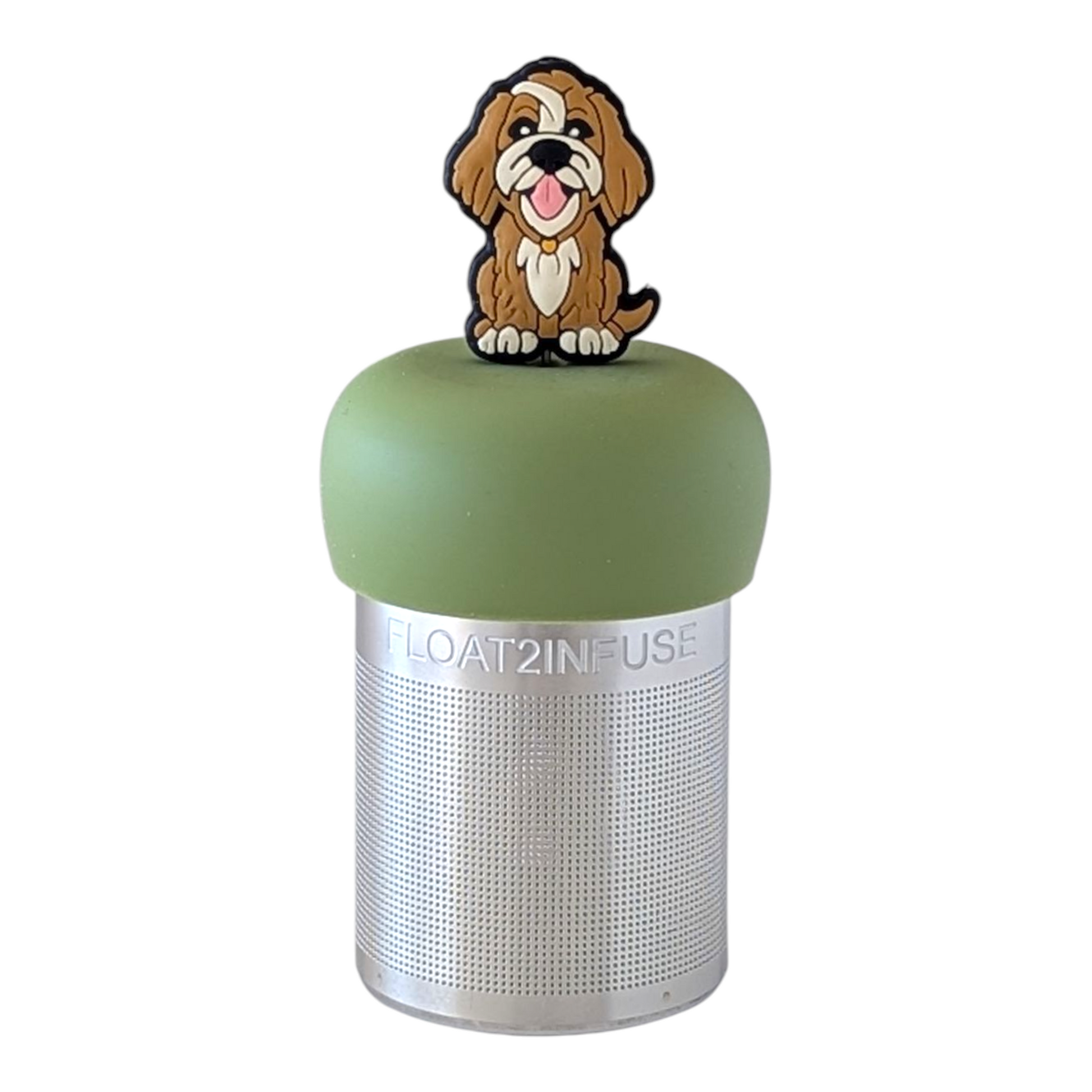 Smiling shaggy brown and white golden retriever dog tea infuser for loose leaf tea with a fine mesh stainless steel tea strainer  that reads FLOAT2INFUSE on a green base with a white background