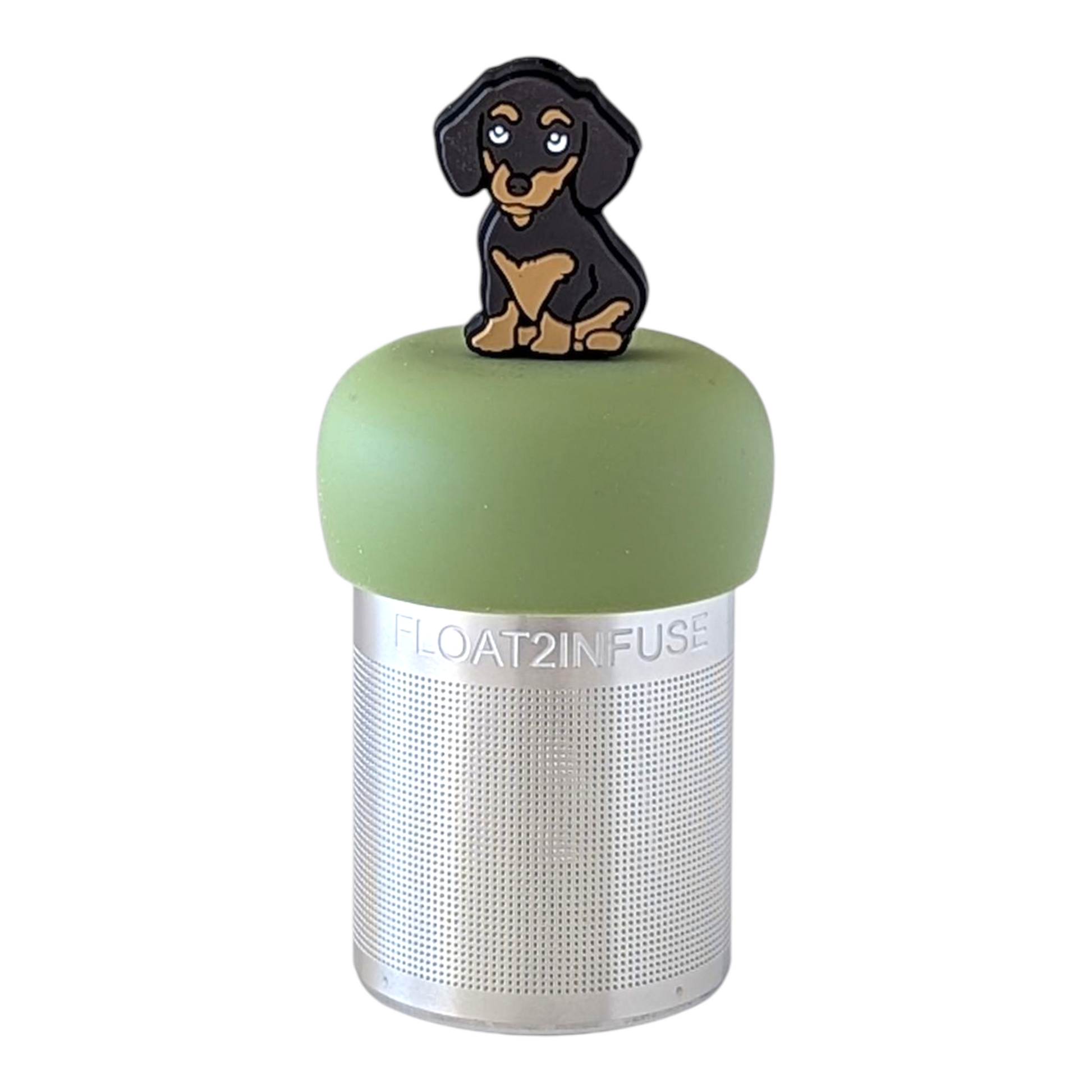 black and tan dachshund dog tea infuser for loose leaf tea with a fine mesh stainless steel tea strainer  that reads FLOAT2INFUSE on a green base with a white background