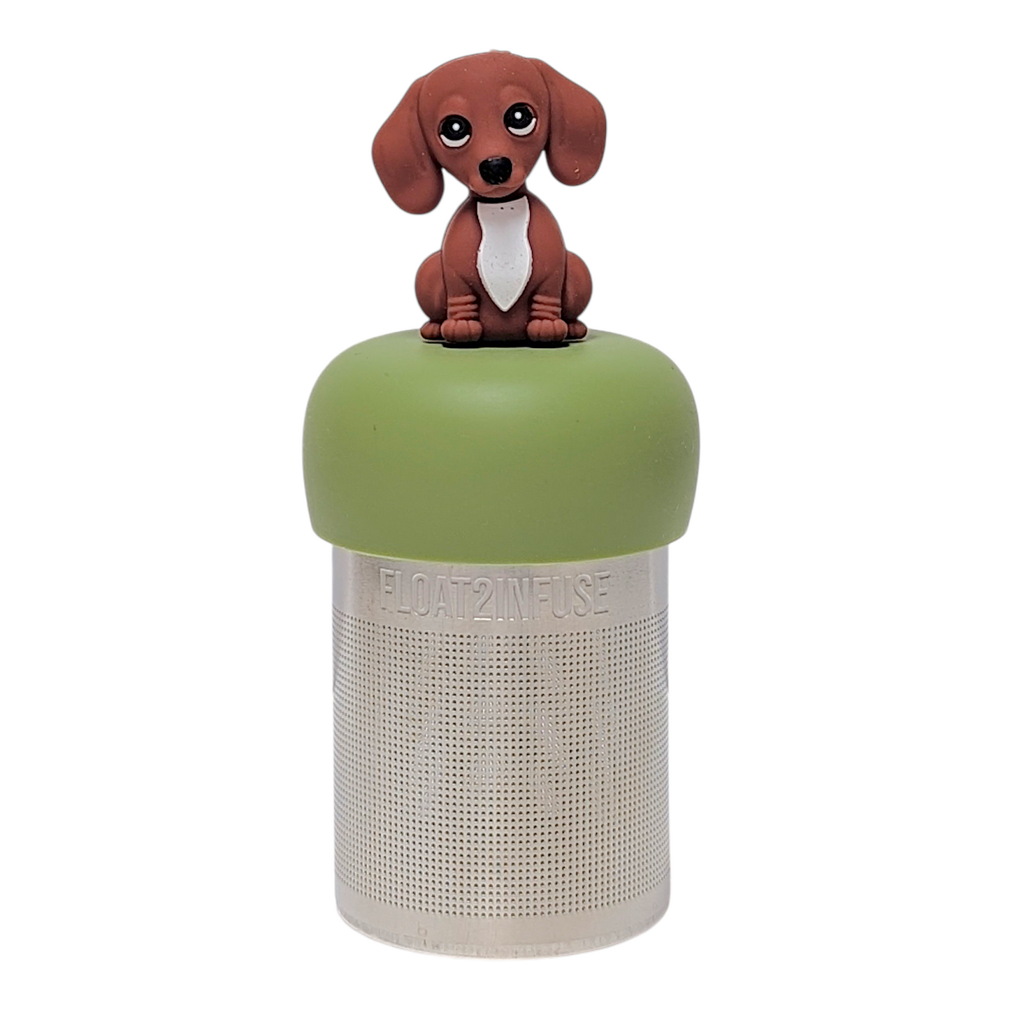 Brown dachshund dog tea infuser  for loose leaf tea with a fine mesh stainless steel tea strainer that reads FLOAT2INFUSE on a green base with a white background
