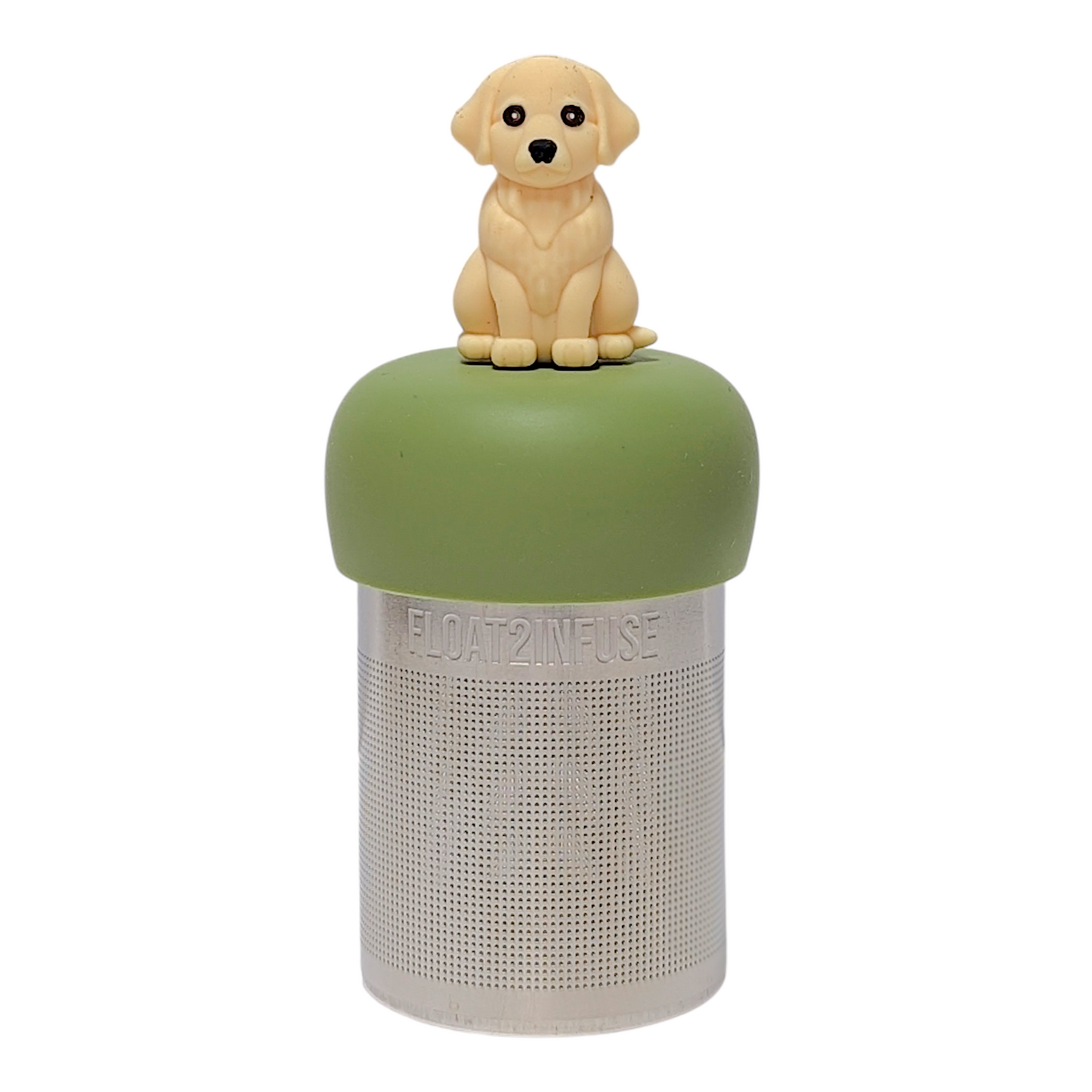 Golden retriever dog tea infuser  for loose leaf tea with a fine mesh stainless steel tea strainer that reads FLOAT2INFUSE on a green base with a white background 