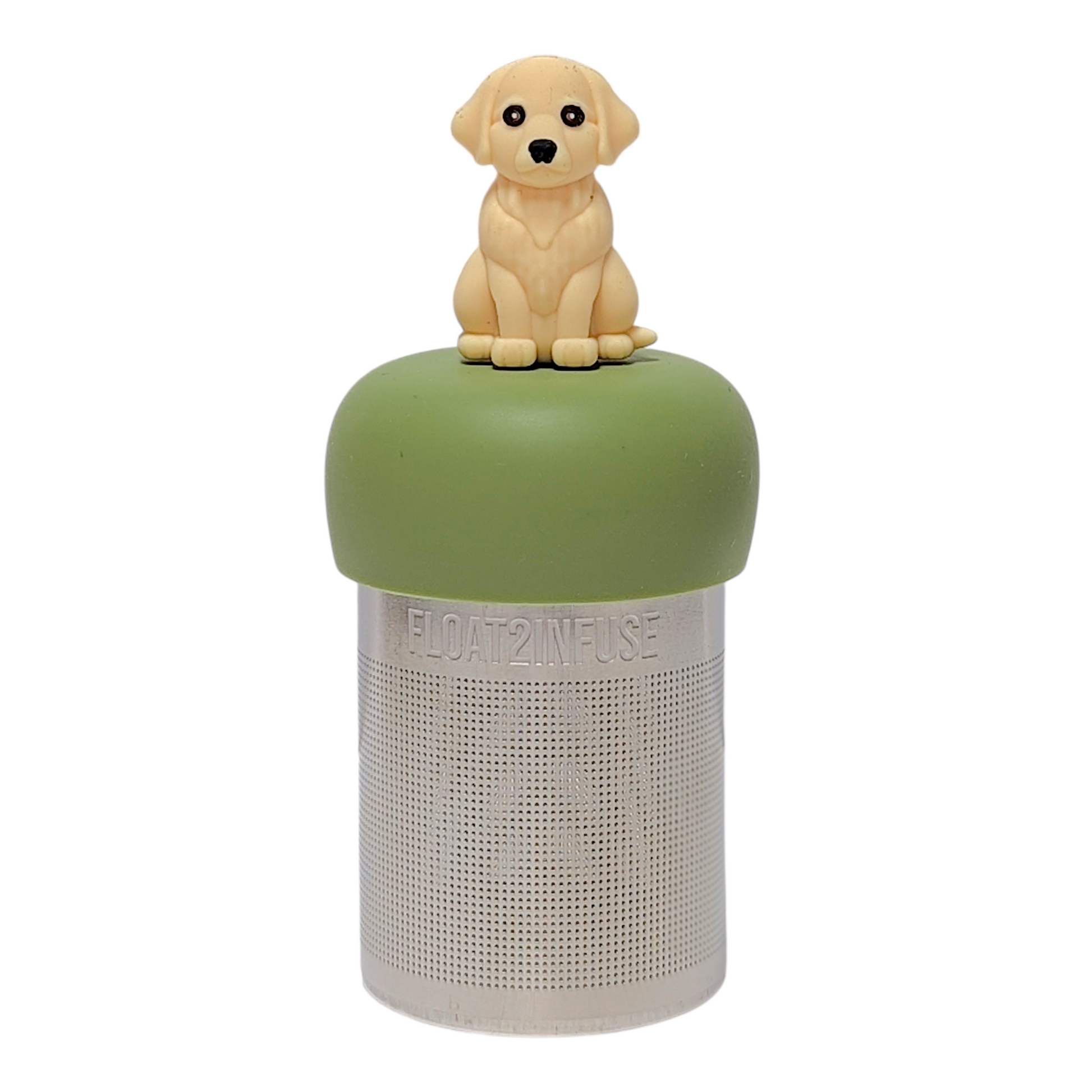 Golden retriever dog tea infuser  for loose leaf tea with a fine mesh stainless steel tea strainer that reads FLOAT2INFUSE on a green base with a white background 