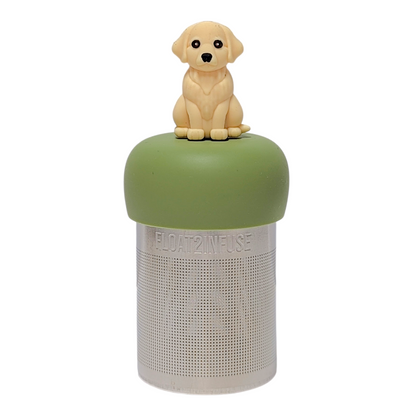 Golden retriever dog tea infuser  for loose leaf tea with a fine mesh stainless steel tea strainer that reads FLOAT2INFUSE on a green base with a white background 