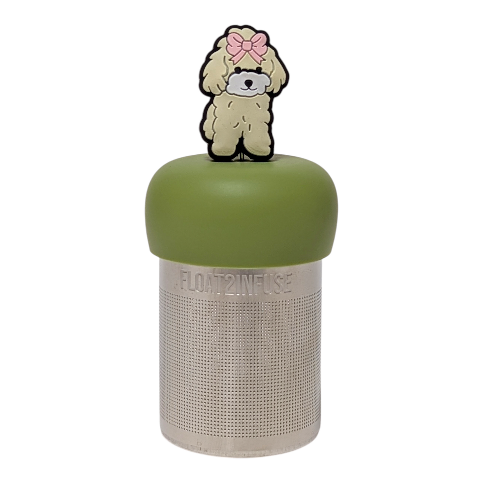 Beige poodle with pink bow tea infuser with a green base for loose leaf tea with a fine mesh stainless steel tea strainer that reads FLOAT2INFUSE with a white background